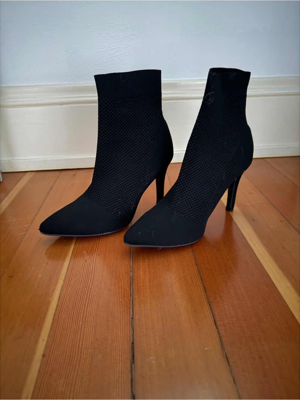 MIA McKinley Black Knit Pointed Toe Stiletto Ankle Boots